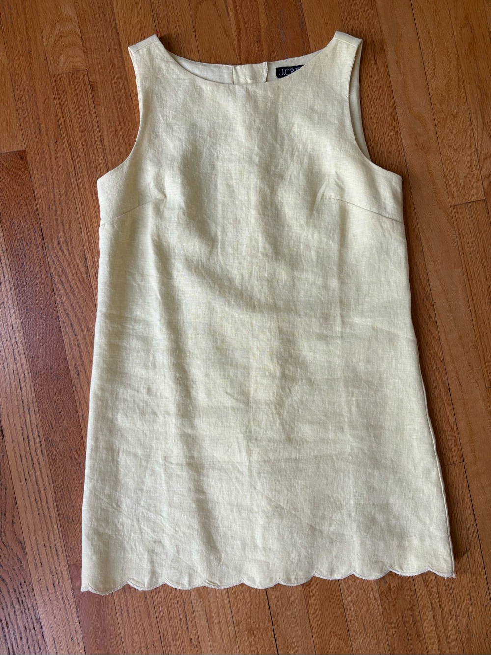 J. Crew Pale Yellow Sleeveless Linen Shift Dress with Scalloped Hem